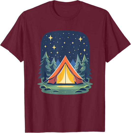 Starry Night Camp Tent Under Pine Forest T-Shirt - T-Shirt | Maroon