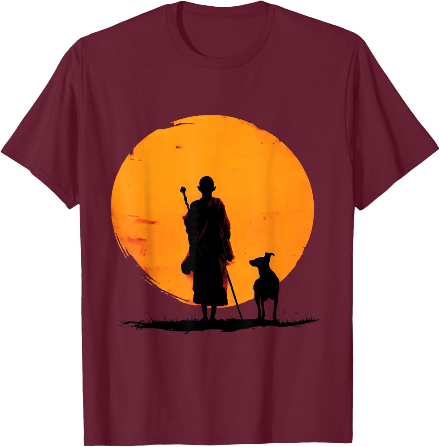 Retro Peace Walking Monks & Dog Minimalist Zen Art Graphic T-Shirt - T-Shirt | Maroon
