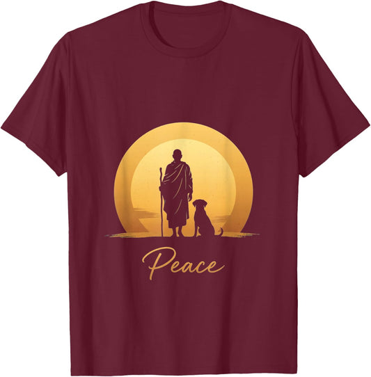 Walk for Peace Monks with Aloka Dog Monks Minimalist Zen T-Shirt - T-Shirt | Maroon