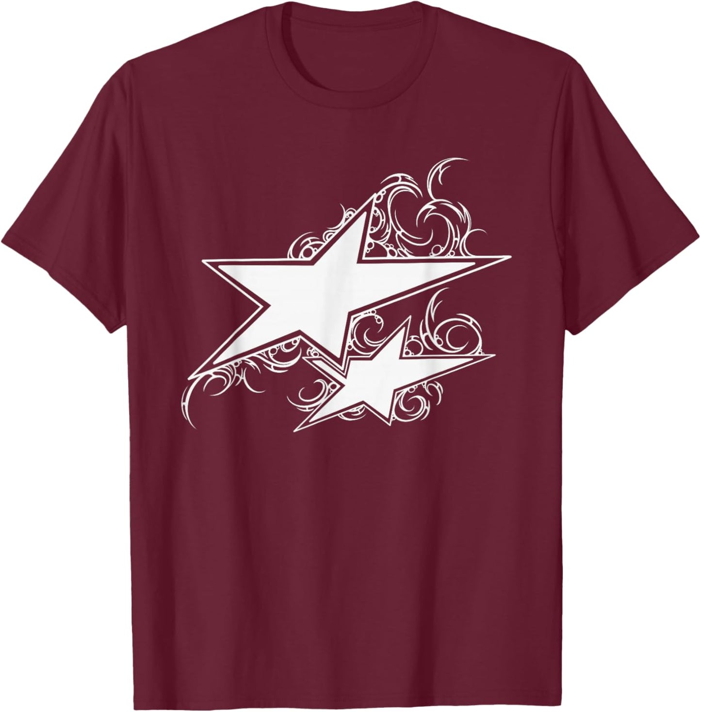 Y2K 90s Tattoo STYL Double Star T-Shirt - T-Shirt | Maroon
