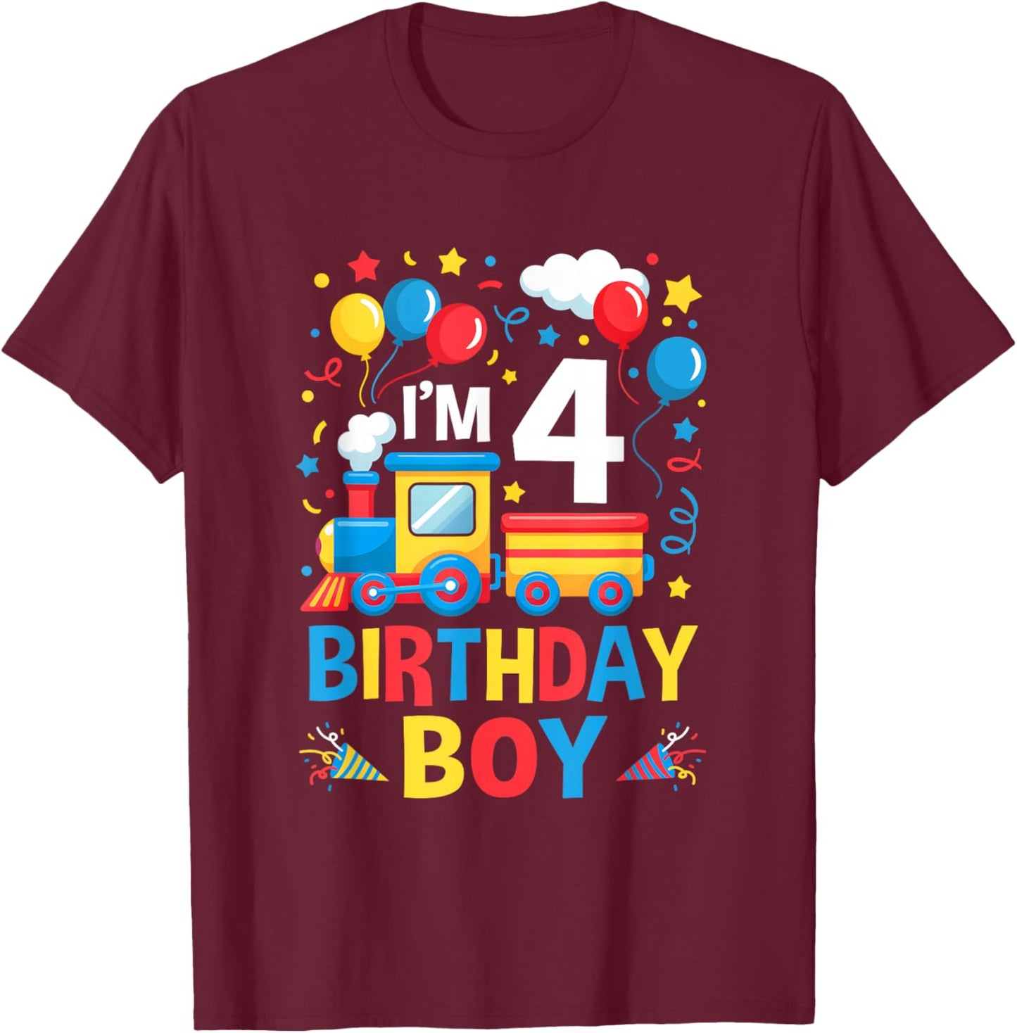 Four 4Yr 4Th Kids Boys Girls Train Birthday Boy 4 Years Old T-Shirt - T-Shirt | Maroon