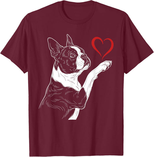 Boston Terrier Lover Dog Art Bostie Holding Heart Valentines T-Shirt - T-Shirt | Maroon