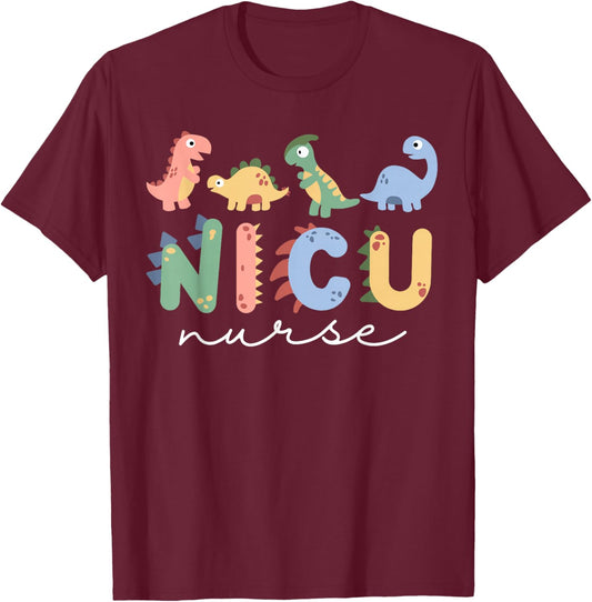 Funny Cute NICU Nurse Neonatal Intensive Care Nurse Dinosaur T-Shirt - T-Shirt | Maroon