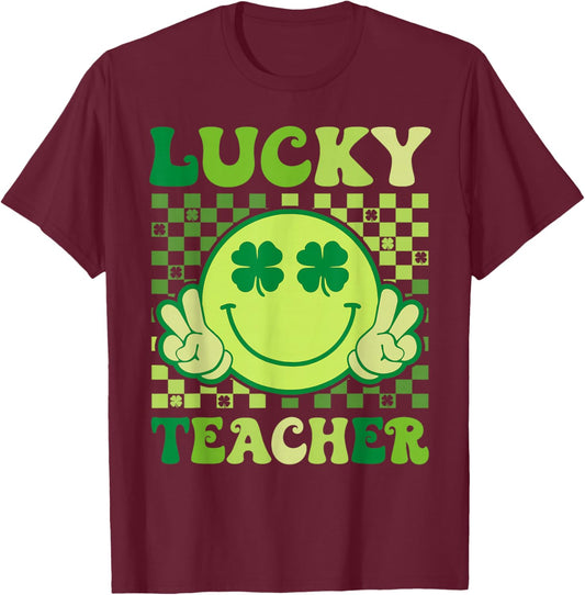 Groovy St Patricks Day Lucky Teacher Saint Paddys Men Women T-Shirt - T-Shirt | Maroon