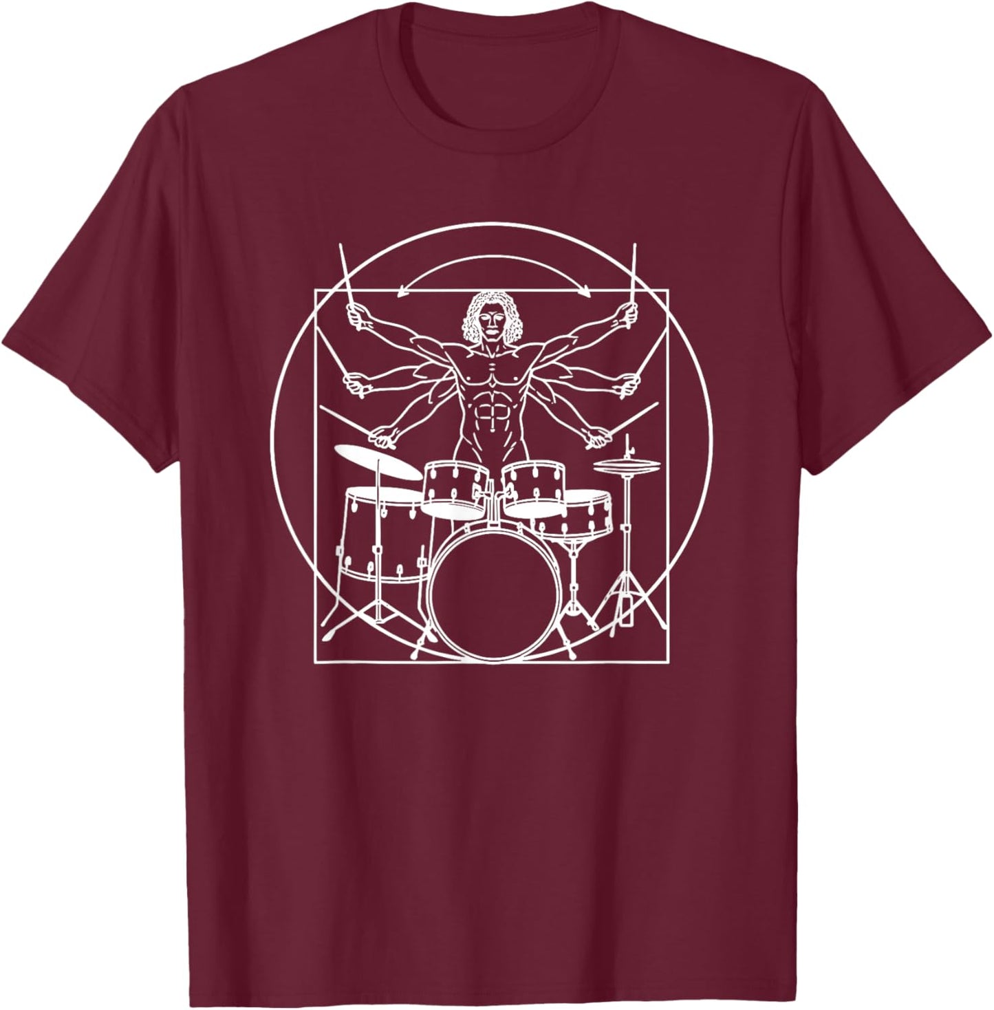 DA Vinci Vitruvian Drummer Man Rock Music Fan Rock n Roll T-Shirt - T-Shirt | Maroon