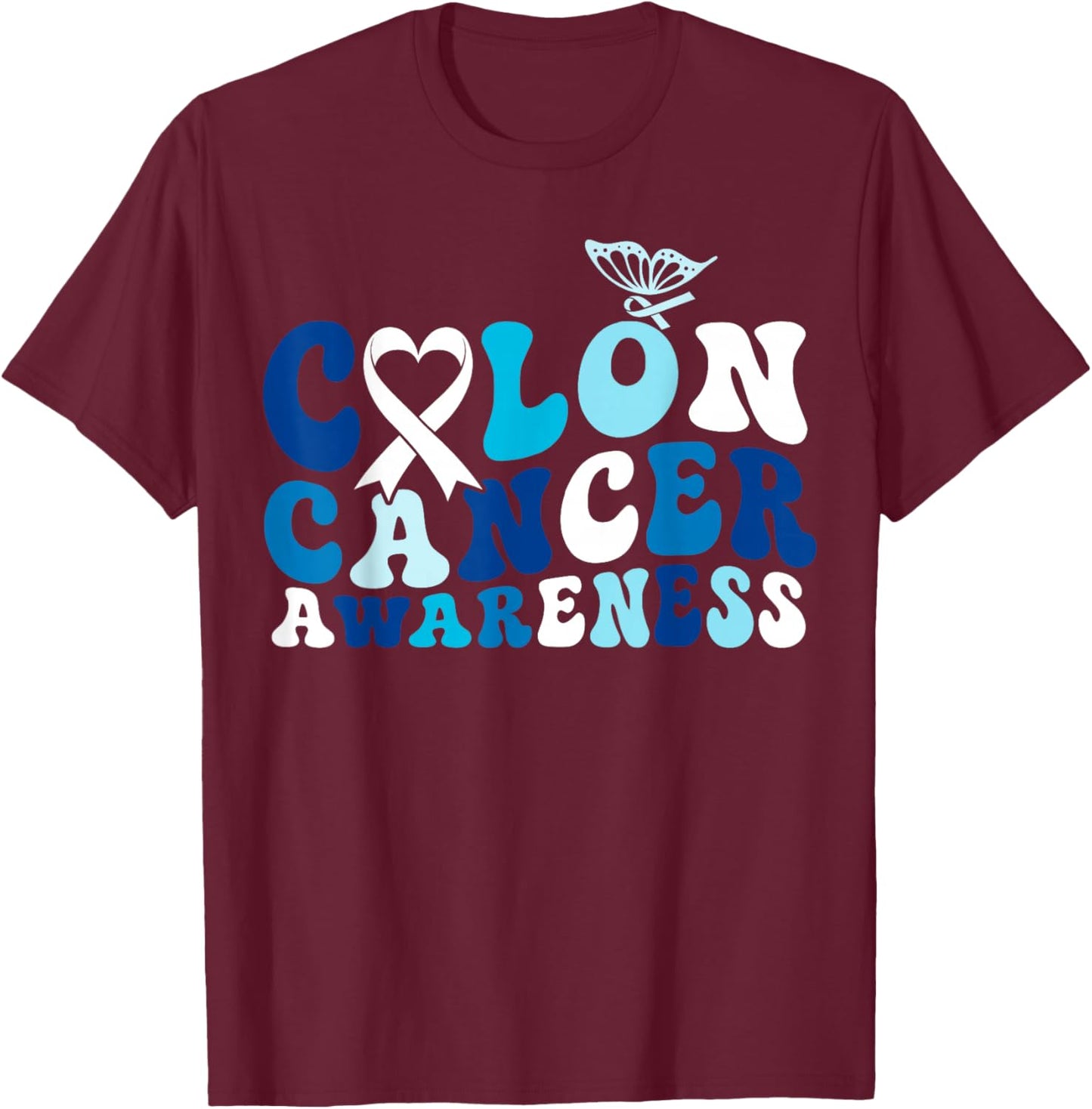 Groovy Colorectal Colon Cancer Awareness Ribbon Butterfly T-Shirt - T-Shirt | Maroon