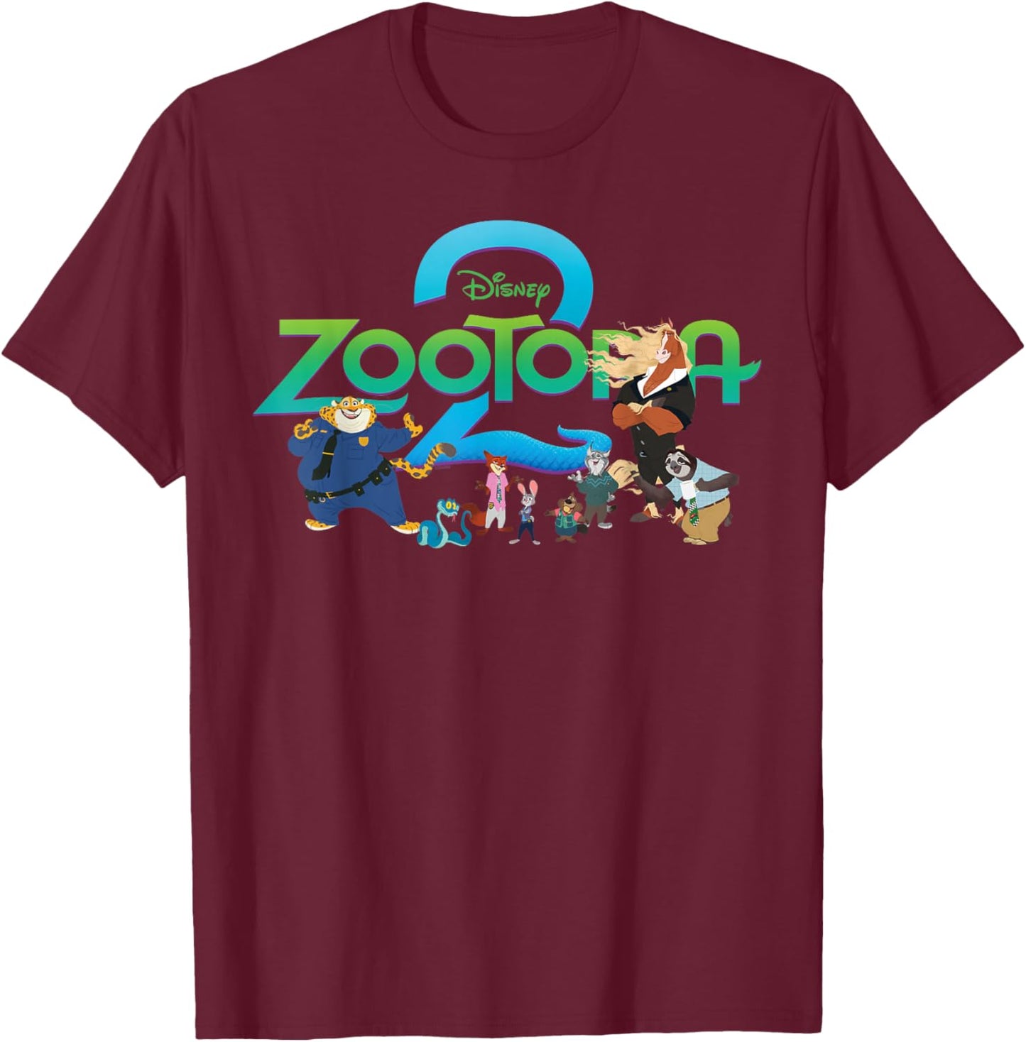 Disney Zootopia 2 Illustrated Characters and Logo T-Shirt - T-Shirt | Maroon