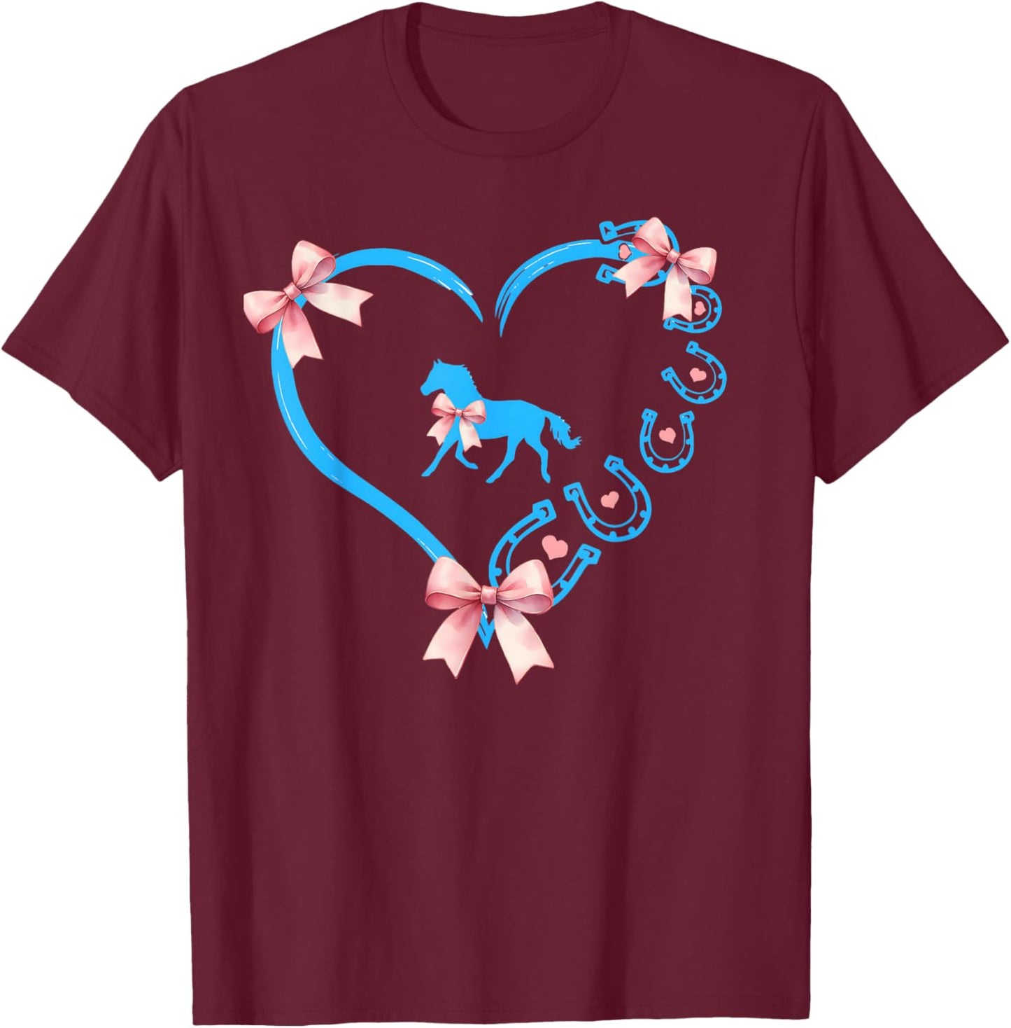 Cute Horse Girl Coquette Blue Bow Heart Horseshoe Equestrian T-Shirt - T-Shirt | Maroon