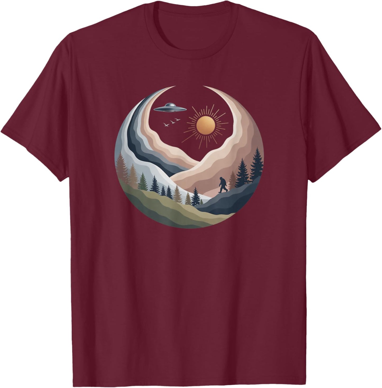 Bigfoot UFO Mountain Art Retro Nature Graphic T-Shirt - T-Shirt | Maroon