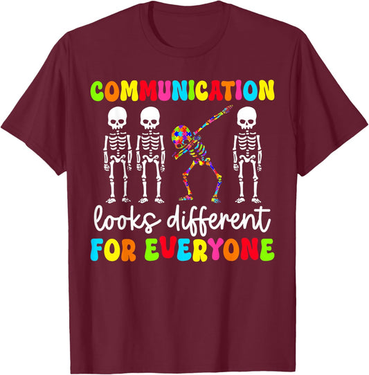 Groovy Autism Communication Looks Different for Everyone T-Shirt - T-Shirt | Maroon