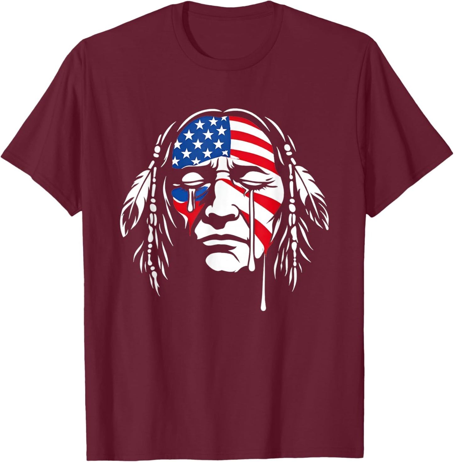 Crying Native American Indian Chief American USA Flag T-Shirt - T-Shirt | Maroon