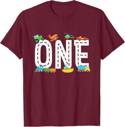 1st Transportation Birthday One Year Old Vehicle Birthday T-Shirt - T-Shirt | Maroon