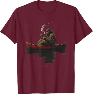 Bigfoot on a red Canoe Fishing Retro Art Print T-Shirt - T-Shirt | Maroon