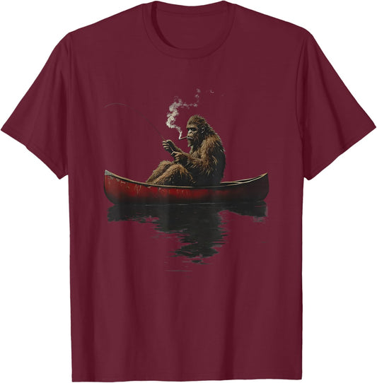 Bigfoot on a red Canoe Fishing Retro Art Print T-Shirt - T-Shirt | Maroon
