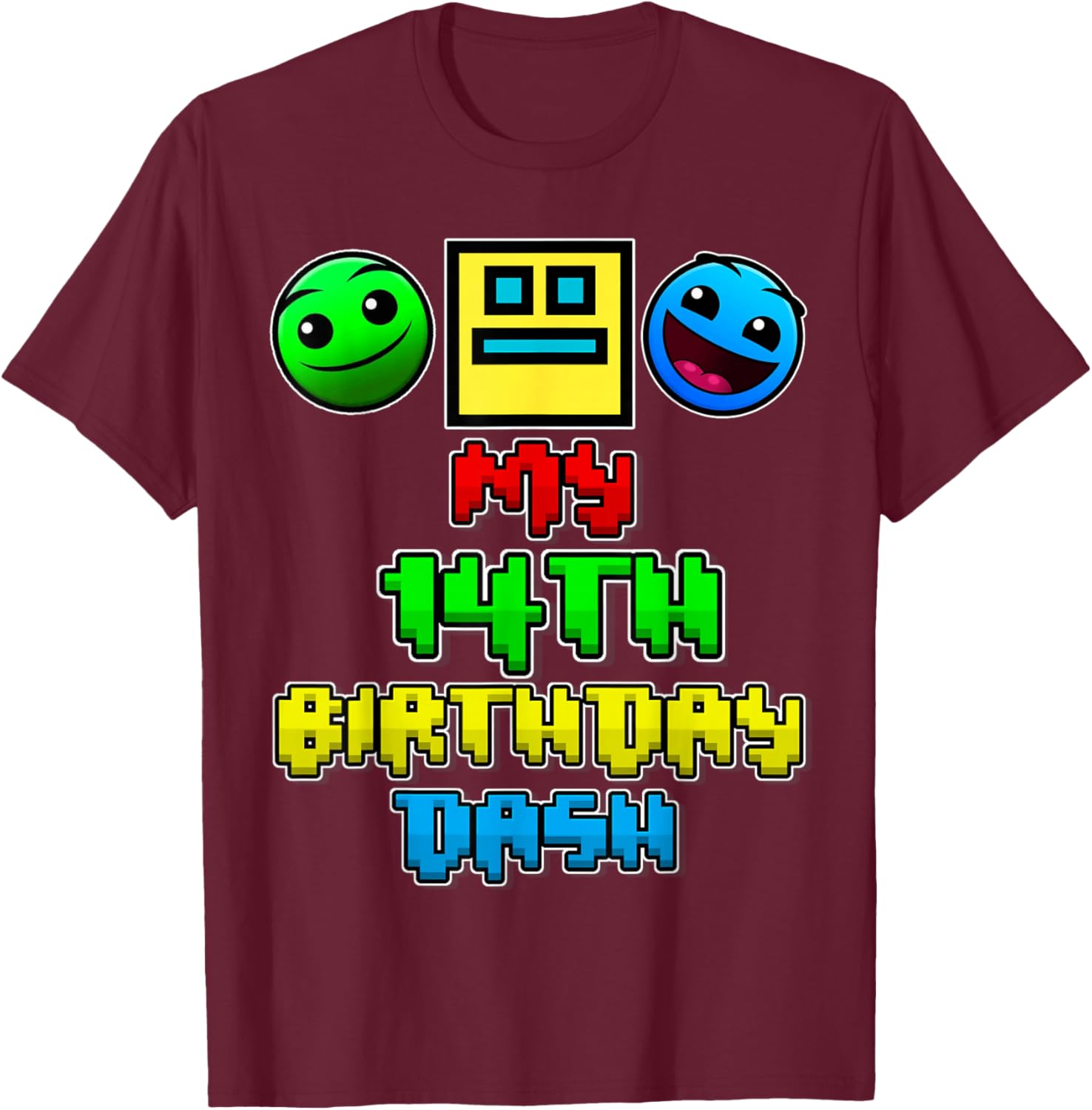 My 14th Birthday Dash Video Game Theme Kid 14 Party Geometry T-Shirt - T-Shirt | Maroon