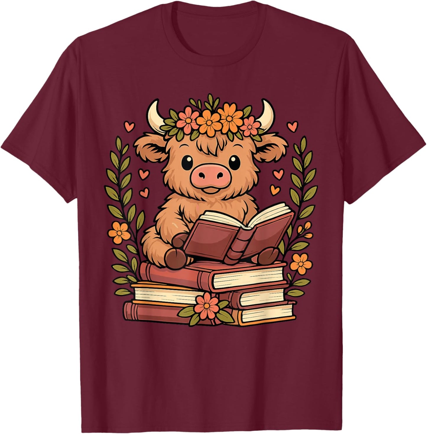 Highland Cow Reading Book Graphic Cow with Book Floral T-Shirt - T-Shirt | Maroon