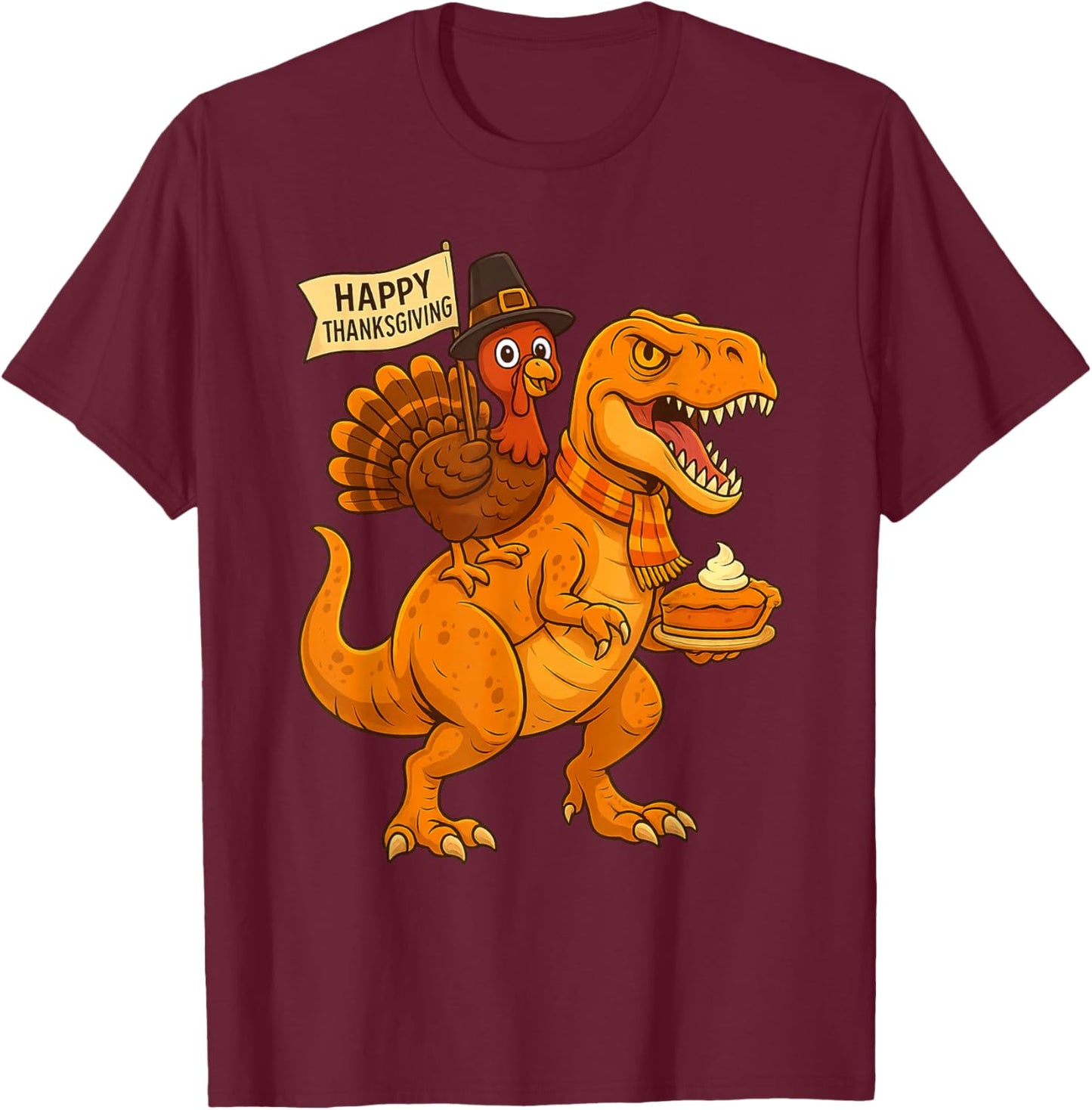 Funny Thanksgiving Dinosaur Turkey Riding T Rex Pumpkin Pie T-Shirt - T-Shirt | Maroon