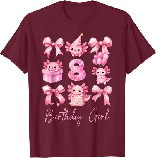 Cute Axolotl 8th Birthday Girl Pink Coquette Bow 8 Year Old T-Shirt - T-Shirt | Maroon