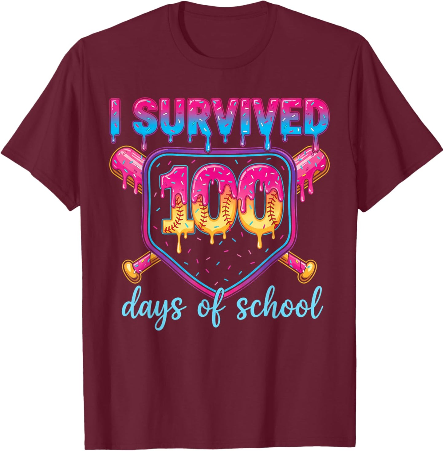 I Survived 100 Days of School Baseball 100th Day Kids Girls T-Shirt - T-Shirt | Maroon