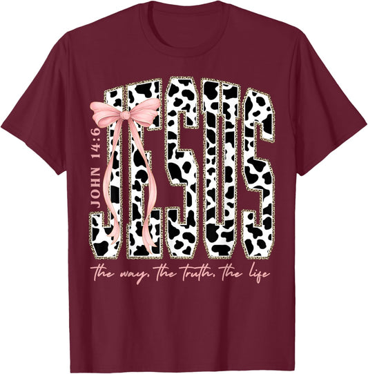 Retro Jesus Coquette Cow Print The Way The Truth The Life T-Shirt - T-Shirt | Maroon