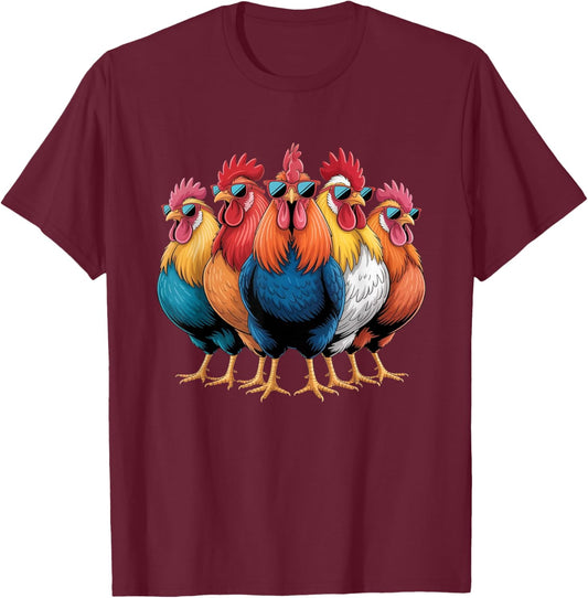 Cool Roosters with Sunglasses Colorful Chicken Farm Humour T-Shirt - T-Shirt | Maroon