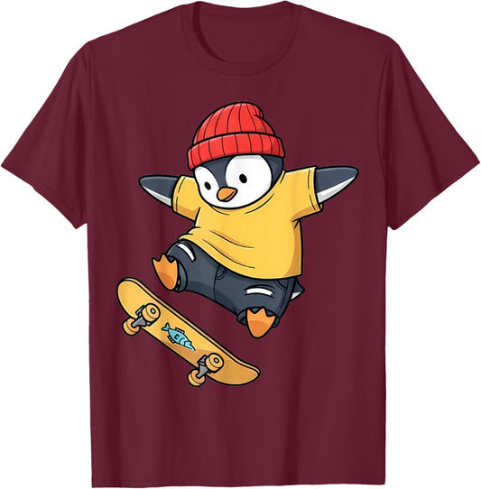 Skateboarding Penguin Skater Cool Animal T-Shirt - T-Shirt | Maroon