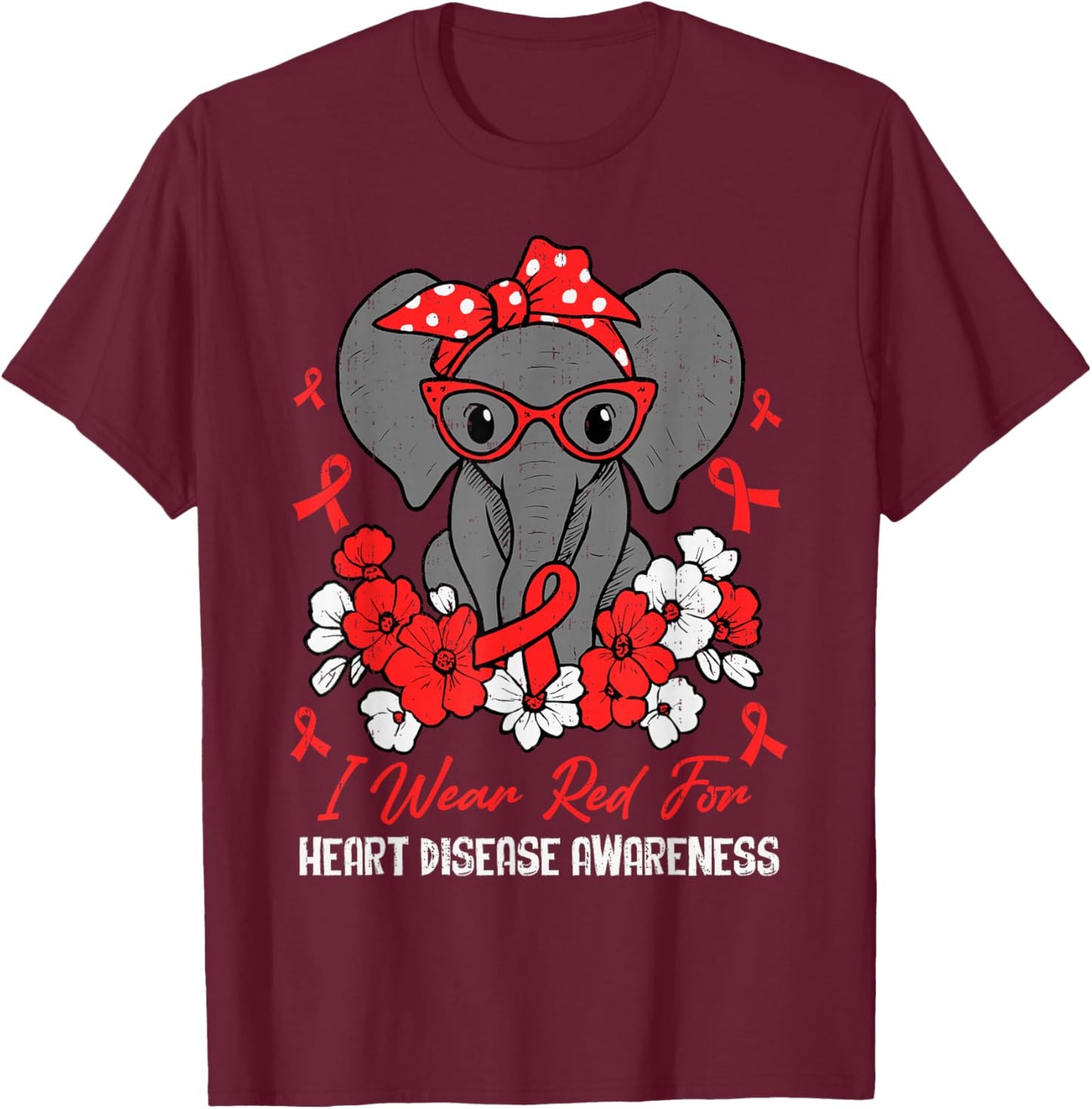 Heart Health Elephant Red Ribbon Heart Disease Awareness CHD T-Shirt - T-Shirt | Maroon