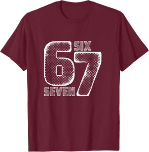 Six Seven Retro Meme 67 Number Design T-Shirt - T-Shirt | Maroon