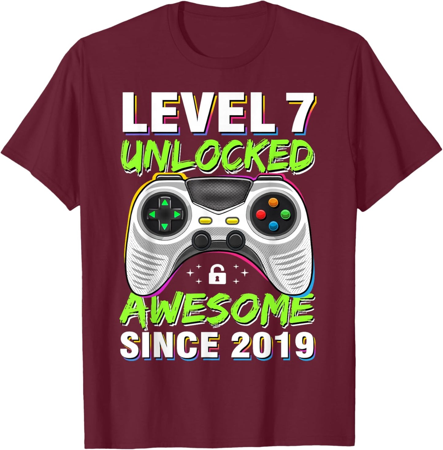 Level 7 Unlocked Awesome Since 2019 7th Birthday Gaming Boys T-Shirt - T-Shirt | Maroon