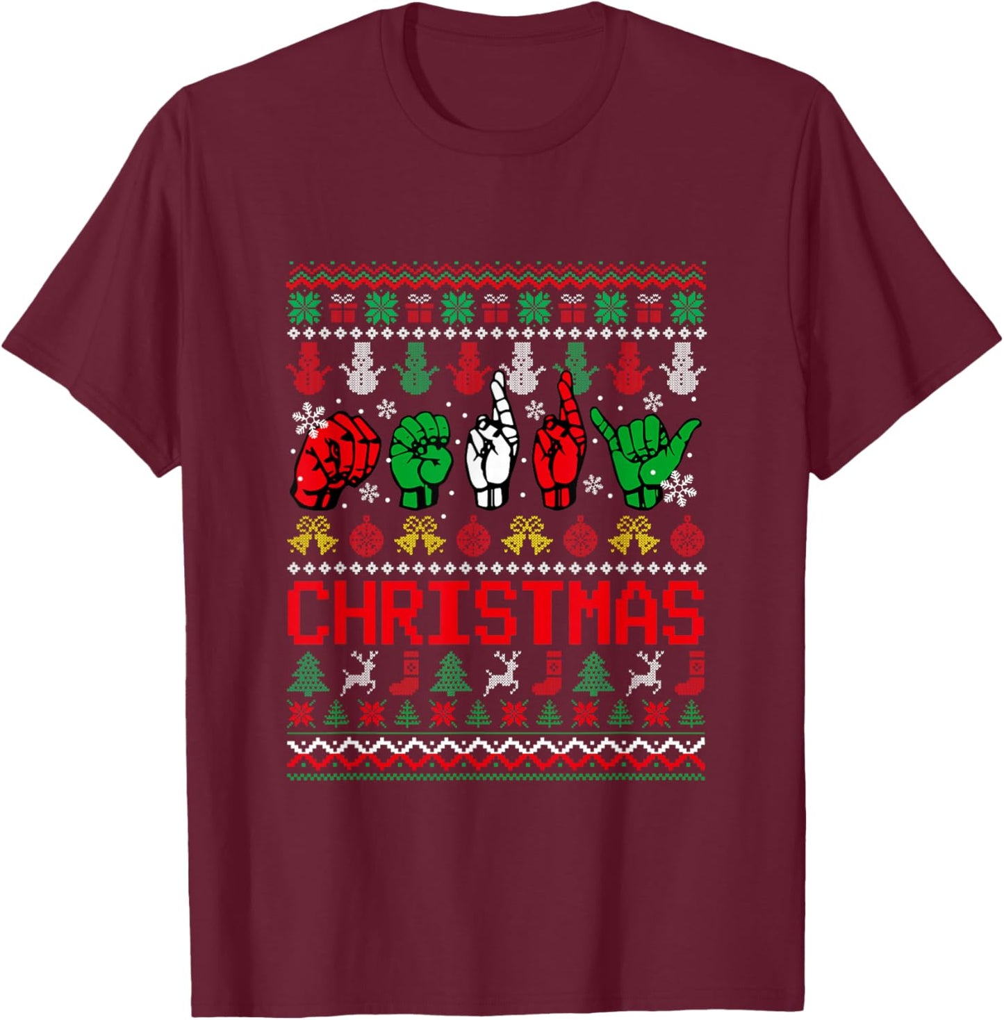 Merry Christmas Sweater ASL Hand Sign Language Lover Family T-Shirt - T-Shirt | Maroon