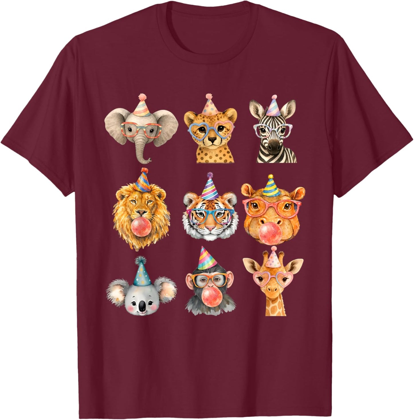 Cute Party Animals Birthday Wildlife Zoo Boys Girls Kids T-Shirt - T-Shirt | Maroon