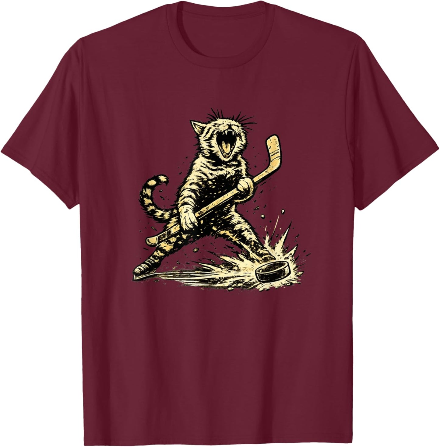 Cat Playing Ice Hockey Graphic Love Hockey Sports Cats T-Shirt - T-Shirt | Maroon