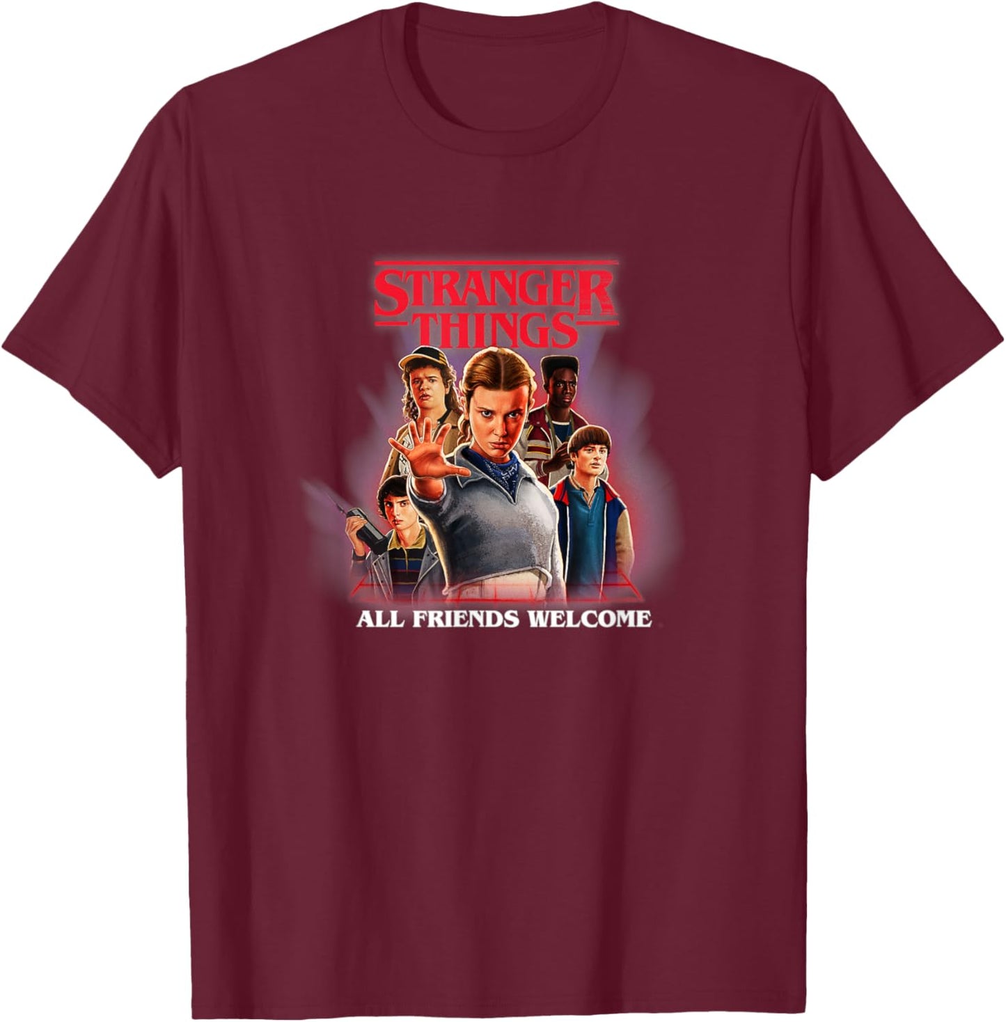 Stranger Things Season 5 All Friends Welcome Retro Shot T-Shirt - T-Shirt | Maroon
