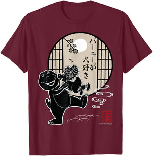 Barney Cute Dinosaur & Friend with Japanese-Inspired Artwork T-Shirt - T-Shirt | Maroon
