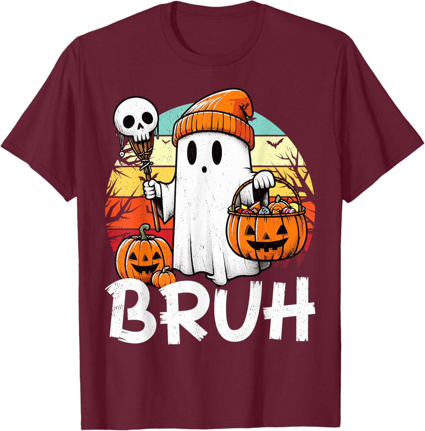 Bruh Ghost Funny Halloween Boo Spooky Halloween Bruh Ghost T-Shirt - T-Shirt | Maroon