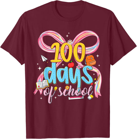 Happy 100 Days of School Cute Coquette Bow Girl Kid Teacher T-Shirt - T-Shirt | Maroon