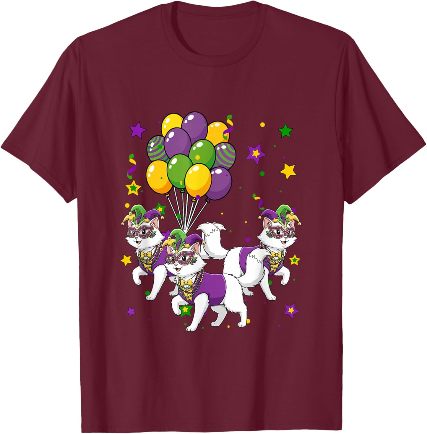 Three Cute Cats Masked Jester Hat Mardi Gras Parades T-Shirt - T-Shirt | Maroon