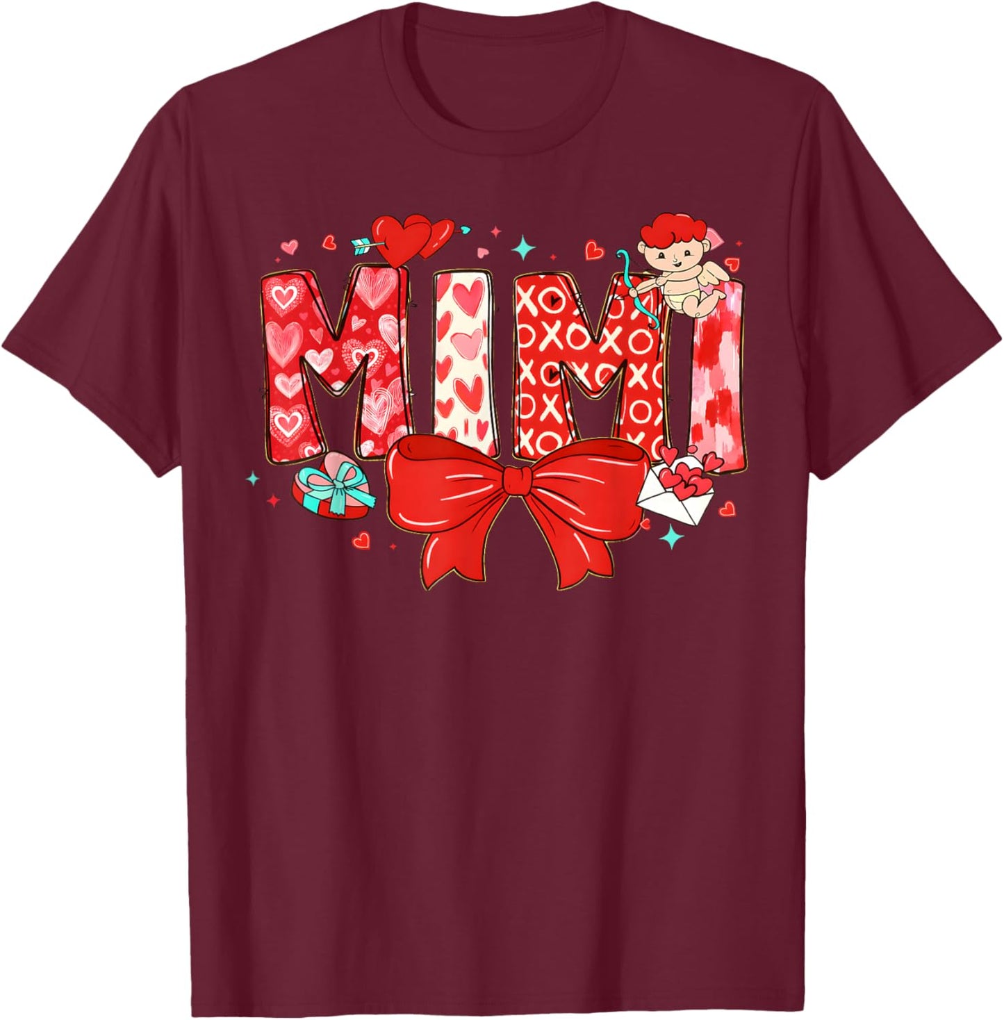Valentine Mimi Coquette Bow Heart Cupid Mom Mother Women T-Shirt - T-Shirt | Maroon