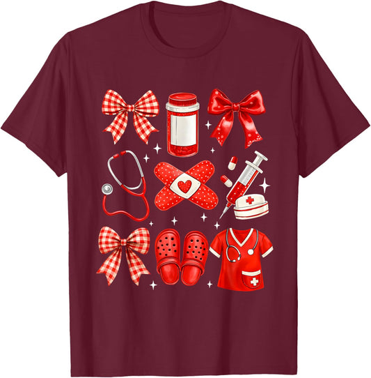 Nurse Valentines Cute Coquette Nursing T-Shirt - T-Shirt | Maroon