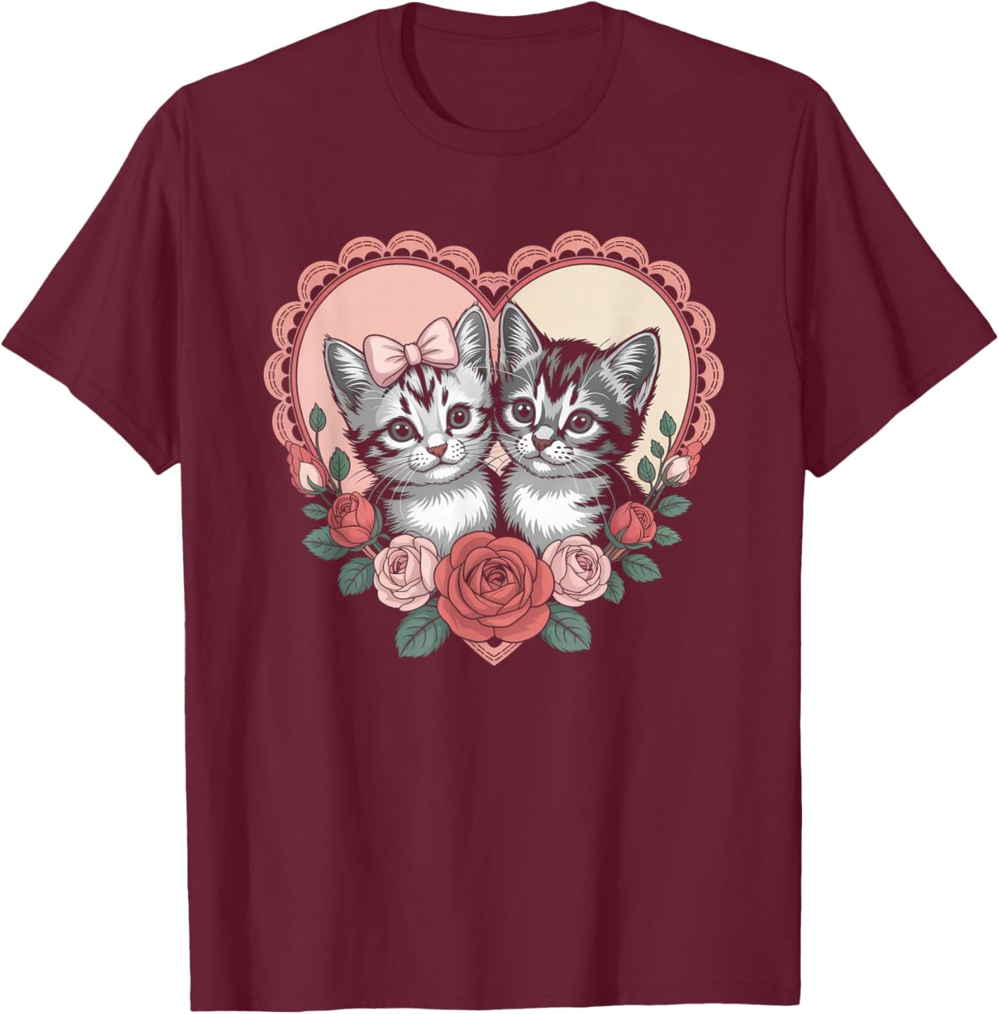 Cute Kittens in Heart with Roses Romantic Cat T-Shirt - T-Shirt | Maroon