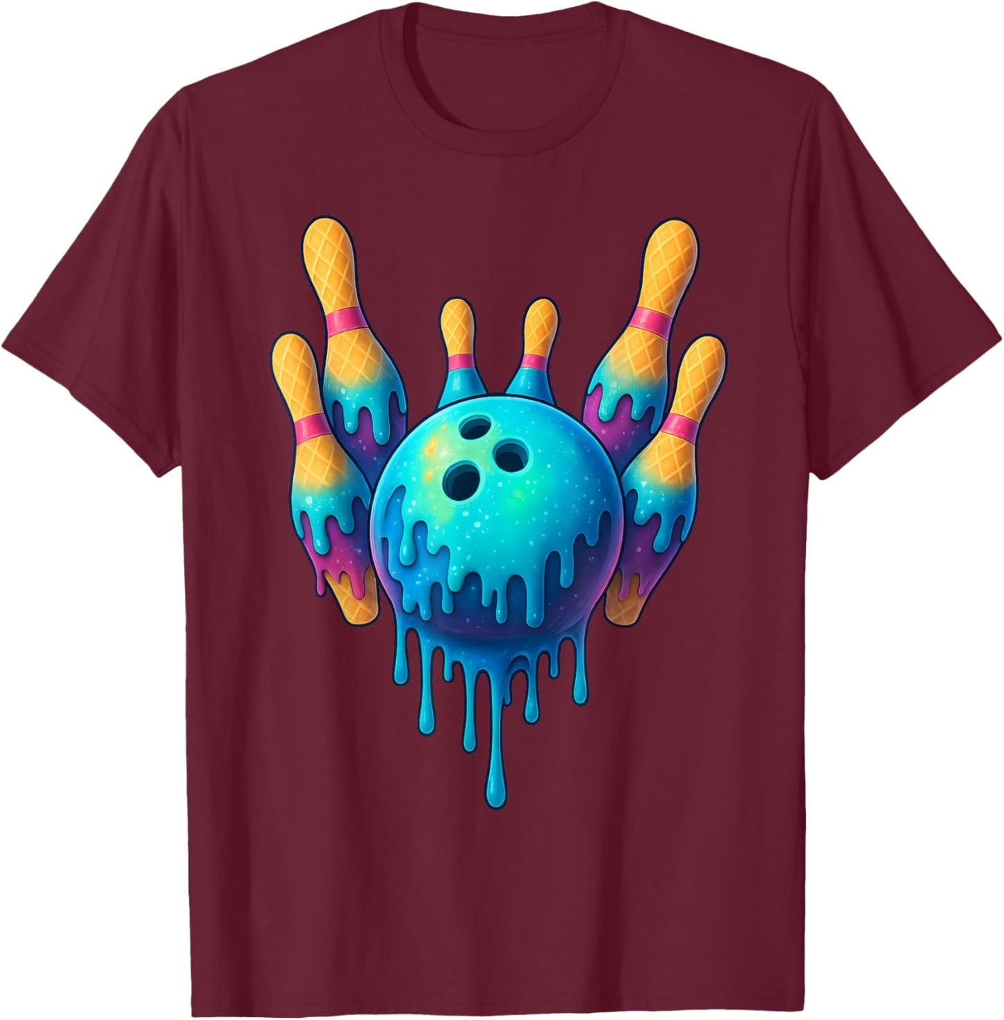 Funny Bowling Pins Bowler Ice Cream Drip Men Women Boys Kids T-Shirt - T-Shirt | Maroon