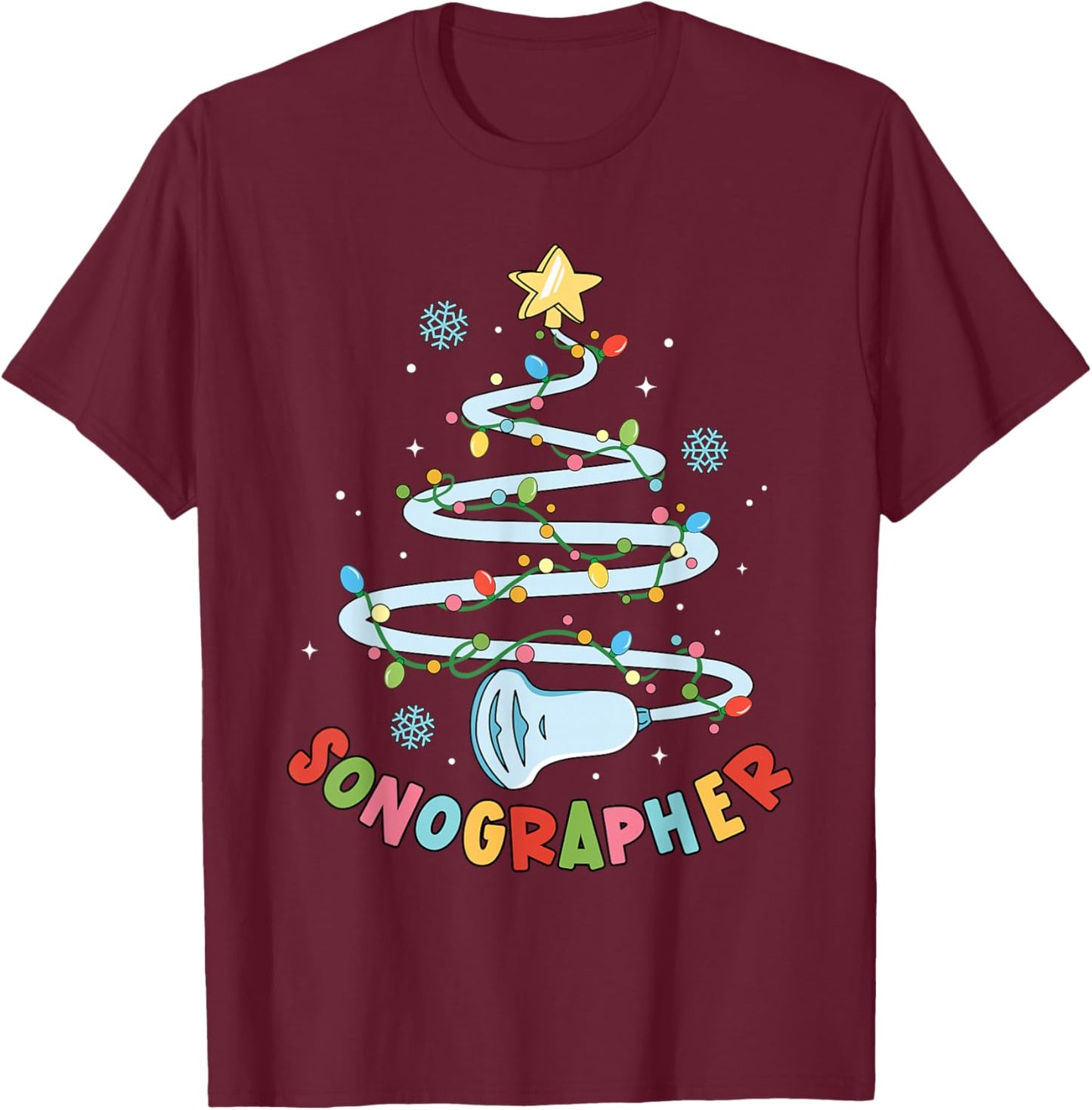 Funny Sonographer Christmas Tree Ultrasound Matching Group T-Shirt - T-Shirt | Maroon