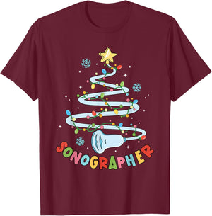 Funny Sonographer Christmas Tree Ultrasound Matching Group T-Shirt - T-Shirt | Maroon