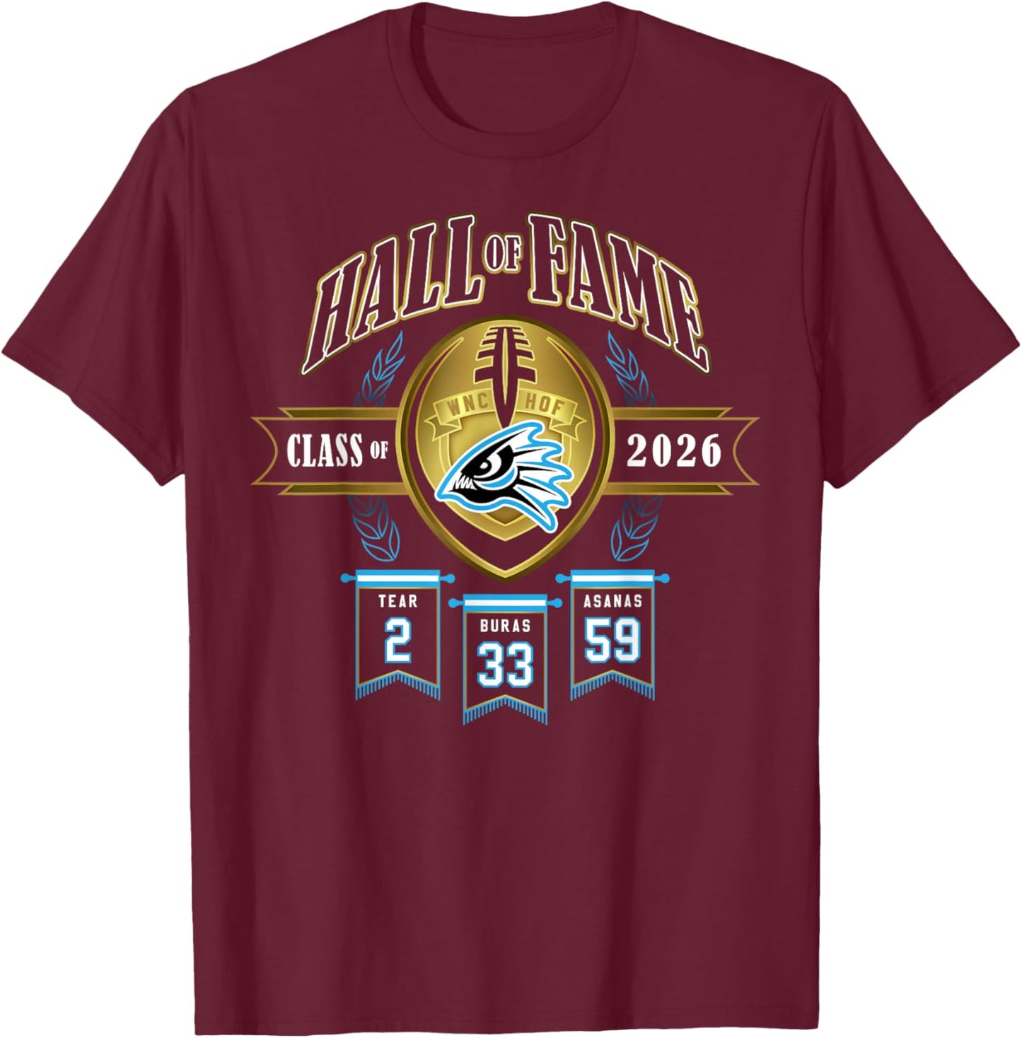 2026 HOF Piranhas Flag Football: #2, #33, #59 T-Shirt - T-Shirt | Maroon