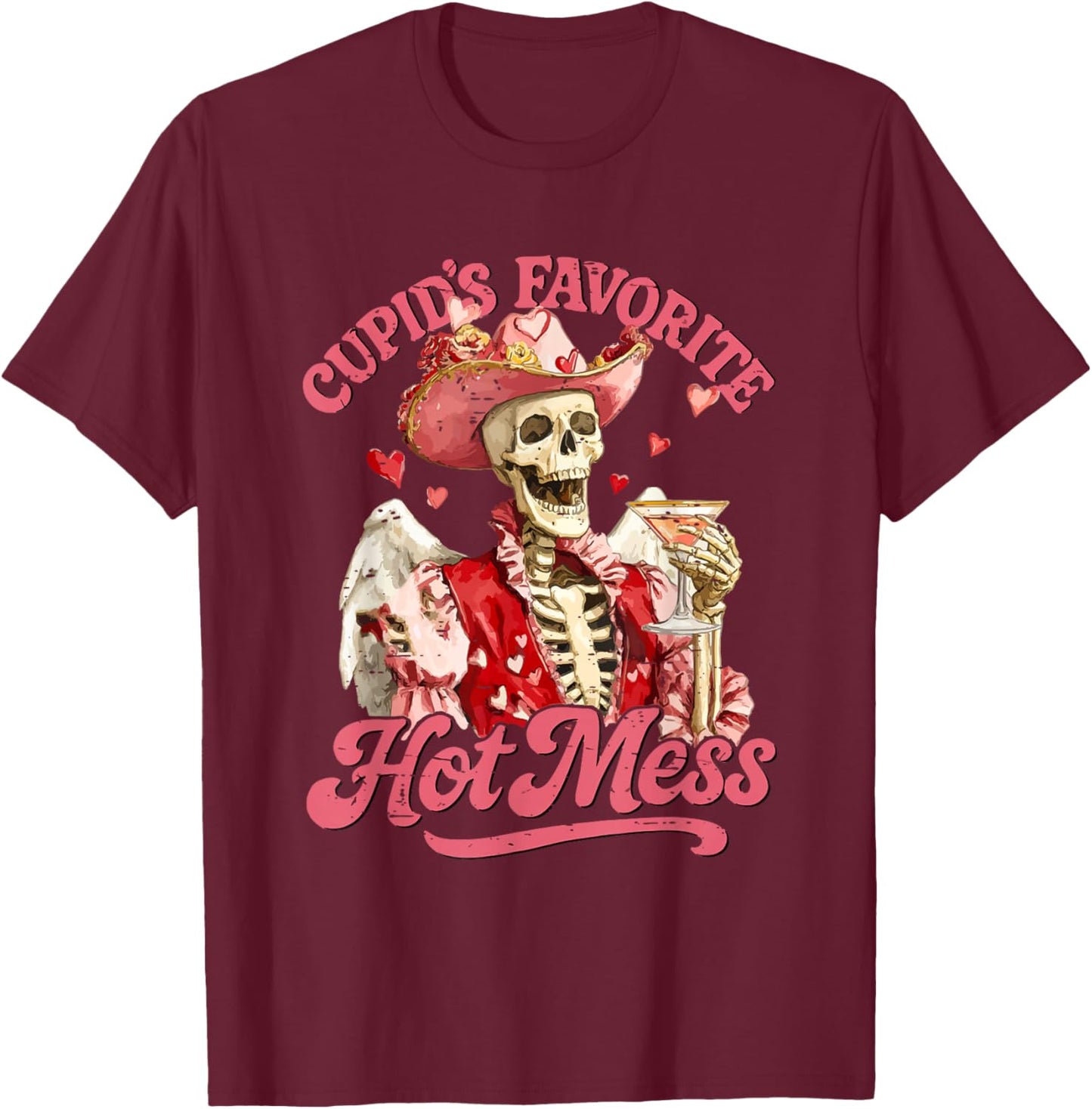 Retro Cupid's Favorite Hot Mess Funny Skeleton Valentine T-Shirt - T-Shirt | Maroon