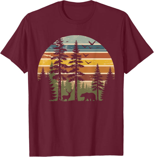 Retro Trees Wildlife Outdoors Nature Vintage Forest T-Shirt - T-Shirt | Maroon