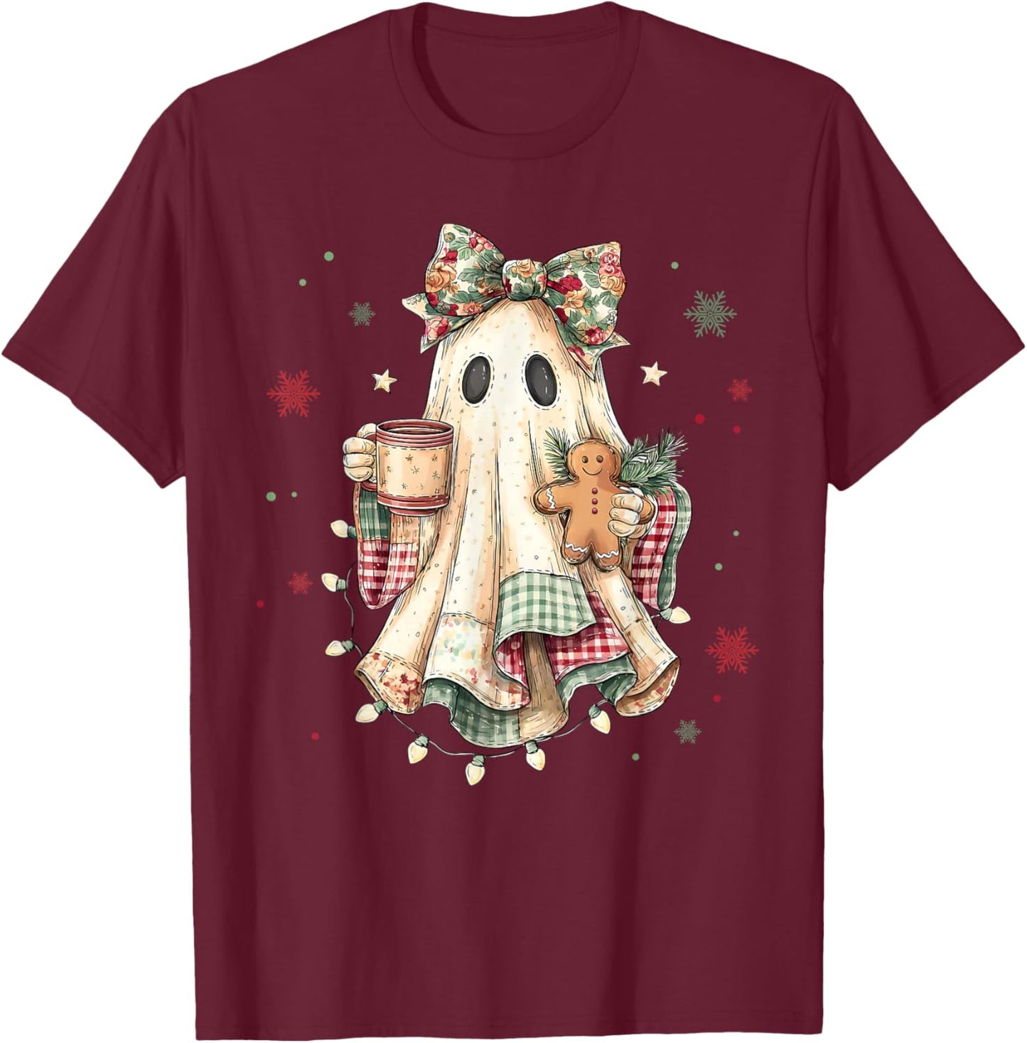 Funny Ghost Gingerbread Merry Christmas Xmas Lights Holiday T-Shirt - T-Shirt | Maroon