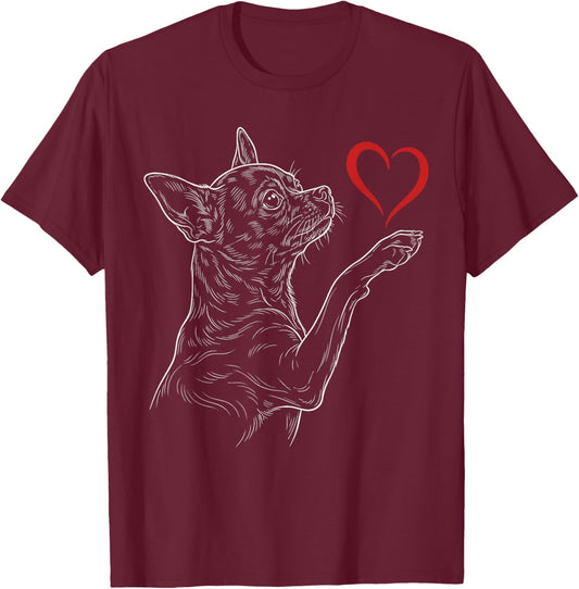 Chihuahua Lover Dog Art Holding Heart Valentines T-Shirt - T-Shirt | Maroon