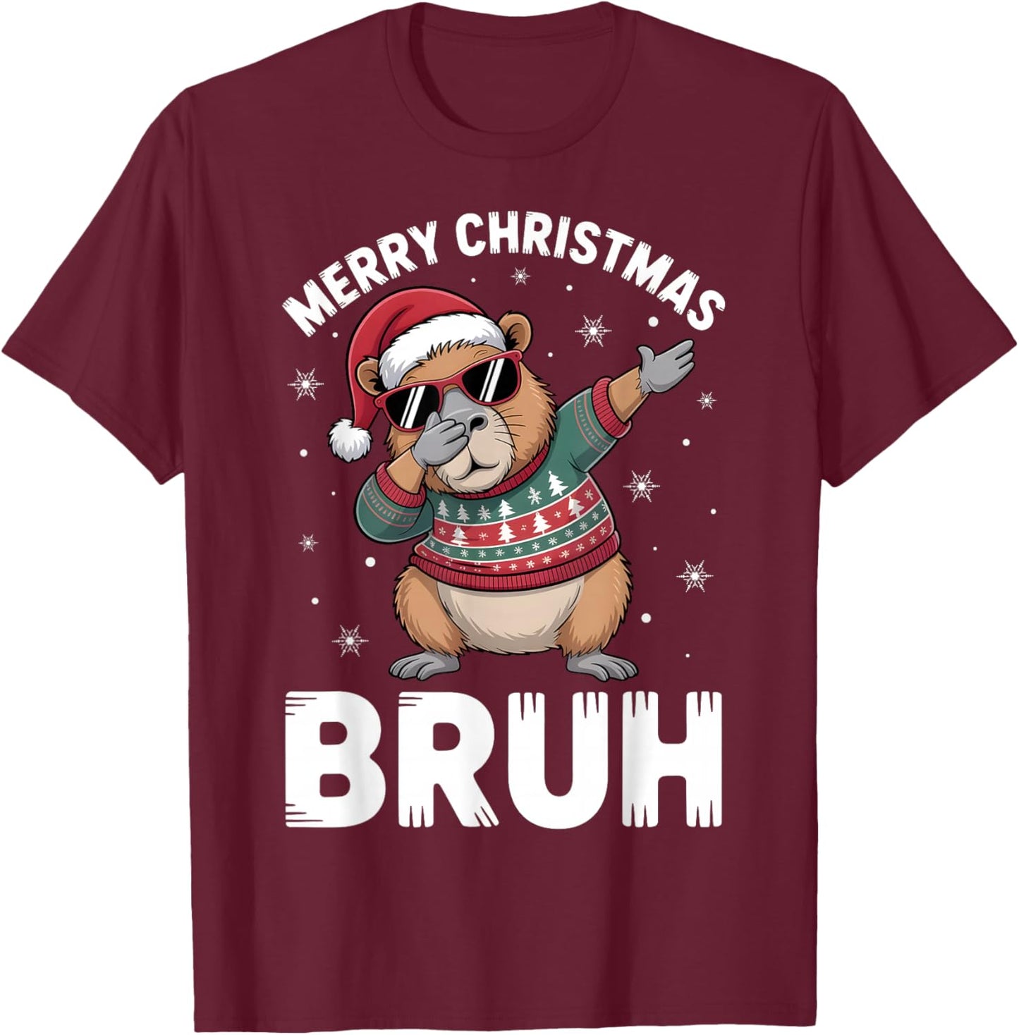 Merry Christmas Bruh Capybara Dabbing Santa Hat Xmas Capy T-Shirt - T-Shirt | Maroon