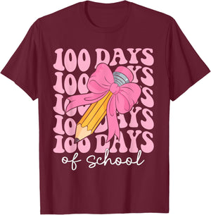Coquette Bow 100 Days of School Teacher 100th Day of School T-Shirt - T-Shirt | Maroon